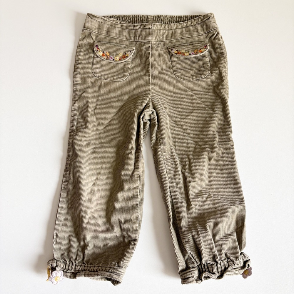 Gymboree Girls Y2K Vintage Olive Green Floral Embroidered Corduroy Pants Size 4T